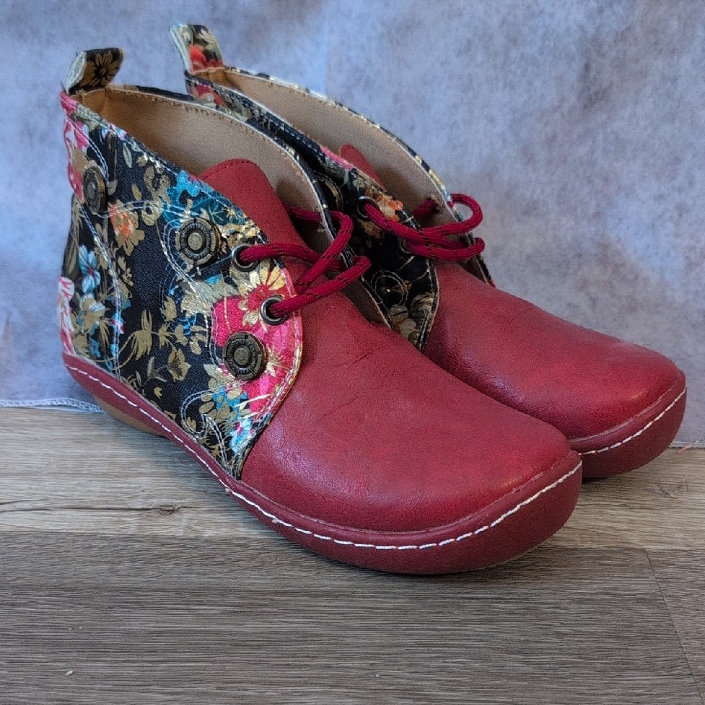 Red Lace Up Boots with Chunky Soles and Floral Accents